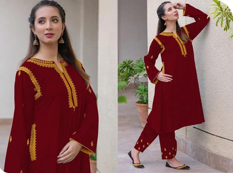 Maroon Linen Embroidered Kurta Set for Women