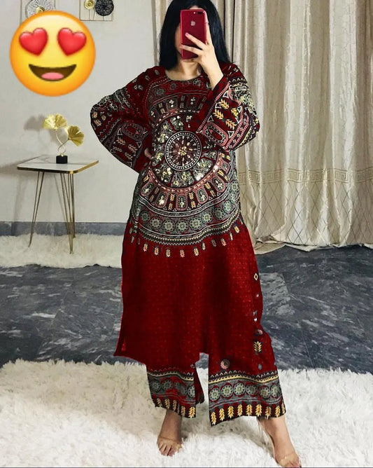 2 Pcs Women's Stitched Swiss Lawn Mirror Work Shirt And Trouser