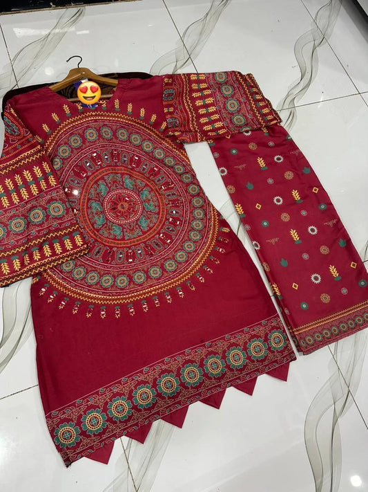 2 Pcs Women's Stitched Swiss Lawn Mirror Work Shirt And Trouser