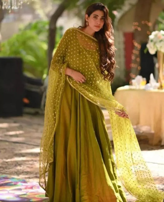 Elegant Women's Stitched Maxi Suit - 3 Pcs Green Silk Embroidered Ensemble