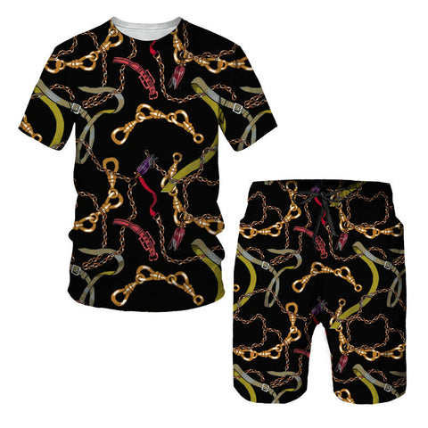Chain Pattern Short Sleeve Digital Printed T-shirt Short Sleeve Suit