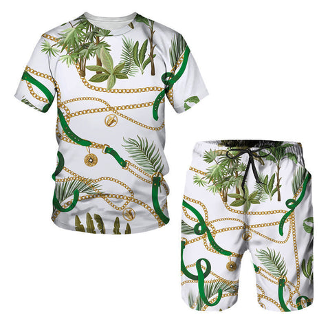 Chain Pattern Short Sleeve Digital Printed T-shirt Short Sleeve Suit